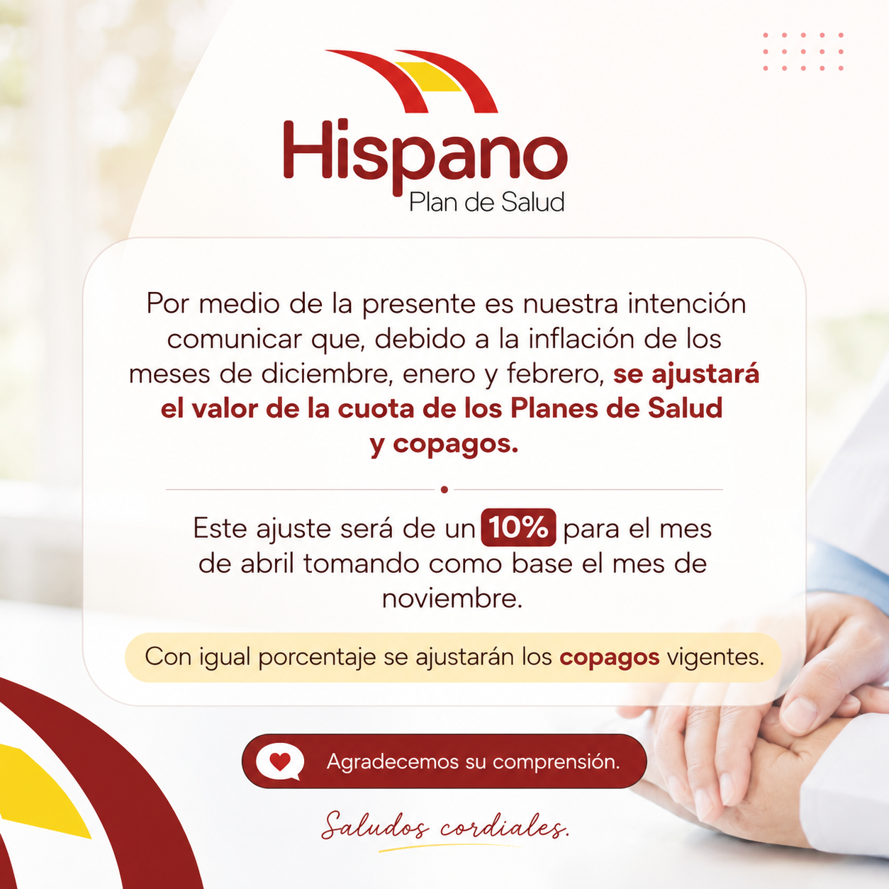 Comunicado del Hispano Plan de Salud sobre el ajuste del valor de la cuota y copagos